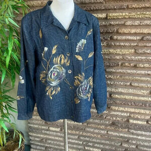 Indigo Moon Hand Painted Quilted Denim Art to Wear Jacket Size XL to 2XL